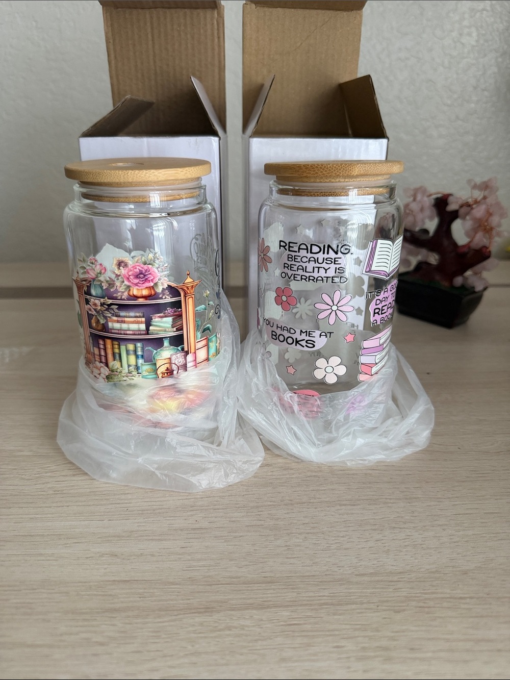 Glass Reading-Themed Storage Jar with Bamboo Lid - Pink Accents set of 2